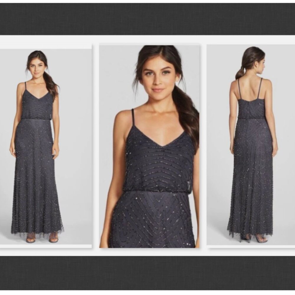 NWT  Adrianna Papell Embellished Blouson Gown Gunmetal Size 2